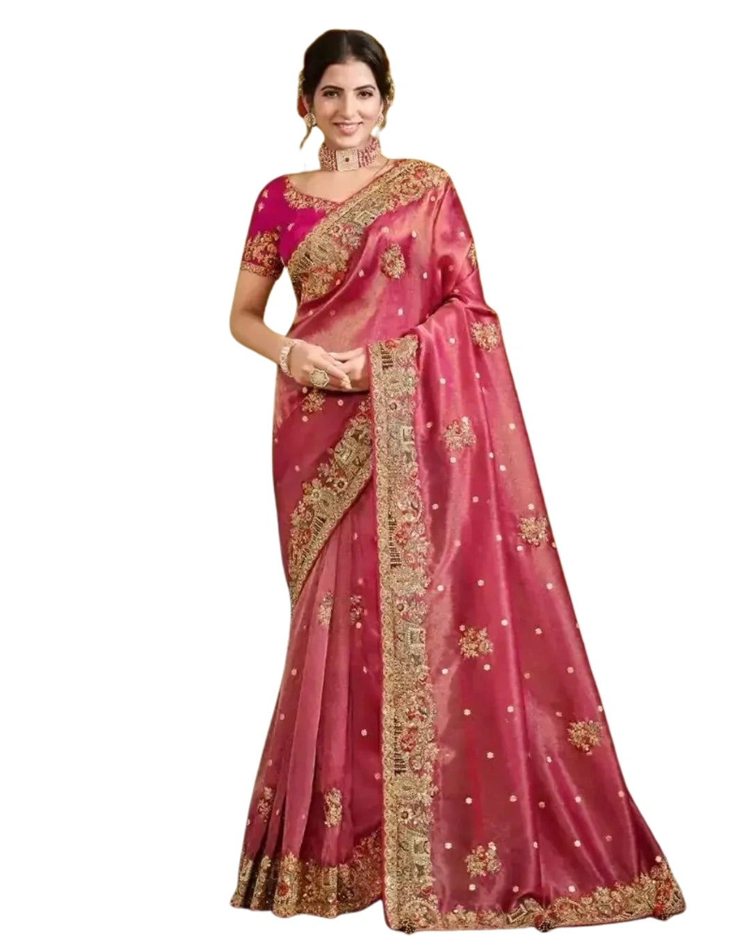 Pink Silk Saree with Embroidery Pallu Borders Design and Matching Embroidery Blouse