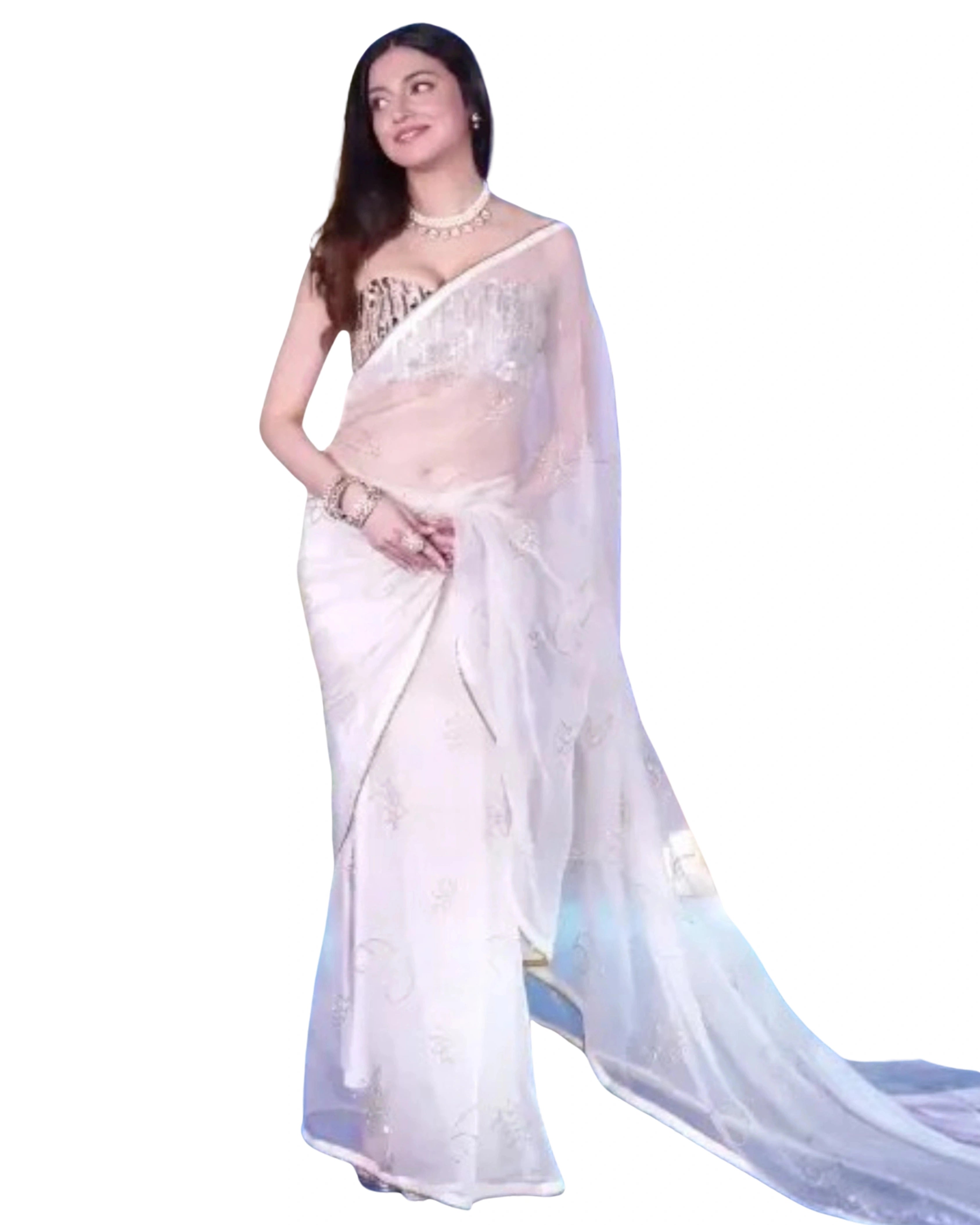 White Pure Silk Organza Saree with Hand Embroidery & Custom Strapless Blouse