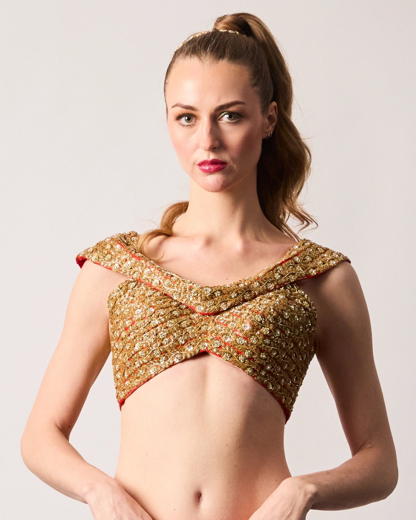 Red and Gold Zari Embroidered Boat Neck Blouse