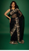 Navy Blue Silk Organza Zardozi  Sequins Saree with Bead Handwork and Matching Floral Blouse