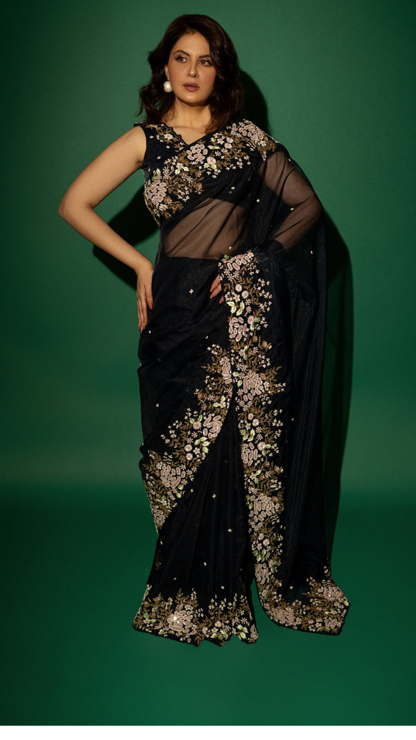 Navy Blue Silk Organza Zardozi  Sequins Saree with Bead Handwork and Matching Floral Blouse