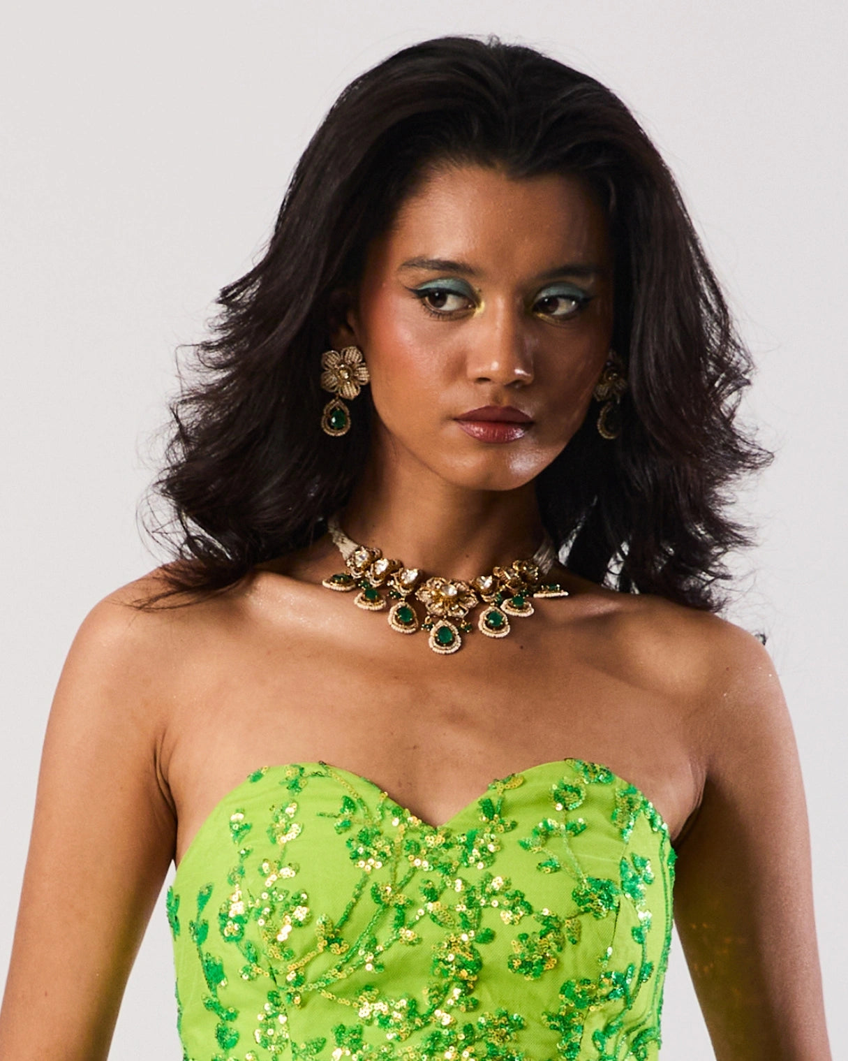 Emerald Polki Bloom Necklace Set with Earrings