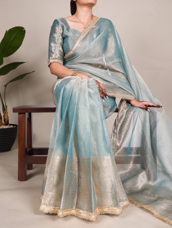 Blue Shimmer Tissue Saree with Zari and Sequin border work