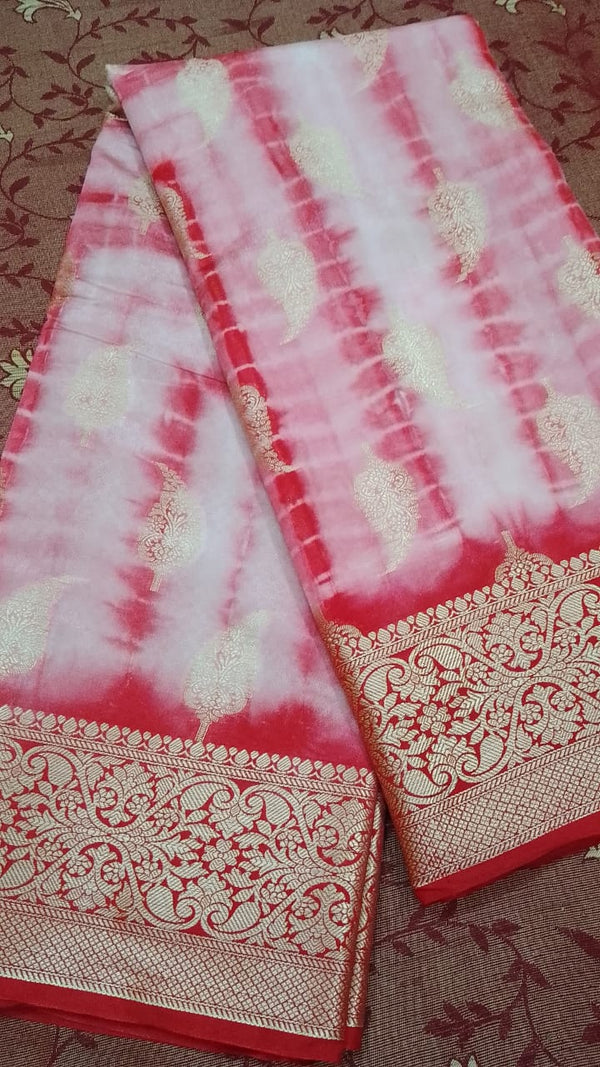 Watermelon Dupion Silk Tie Dye Pure Banarasi Saree