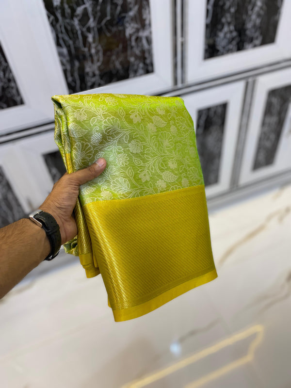 Light Green Banarasi Silk Saree with Floral Zari and Golden Zari Border