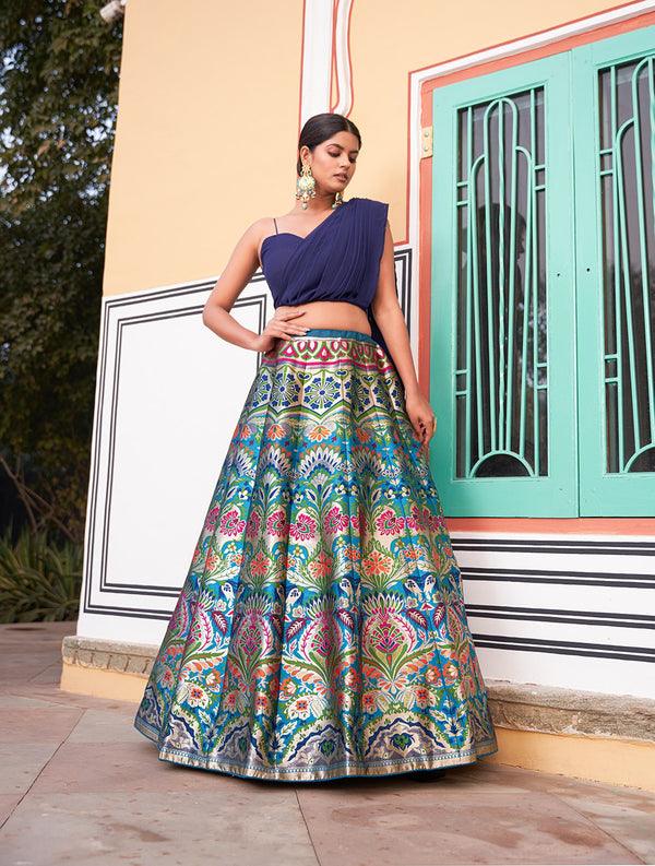 Royal Peacock Blue Banarasi Silk Lehenga Choli with Multicolor Floral Zari Weaving and Georgette Blouse