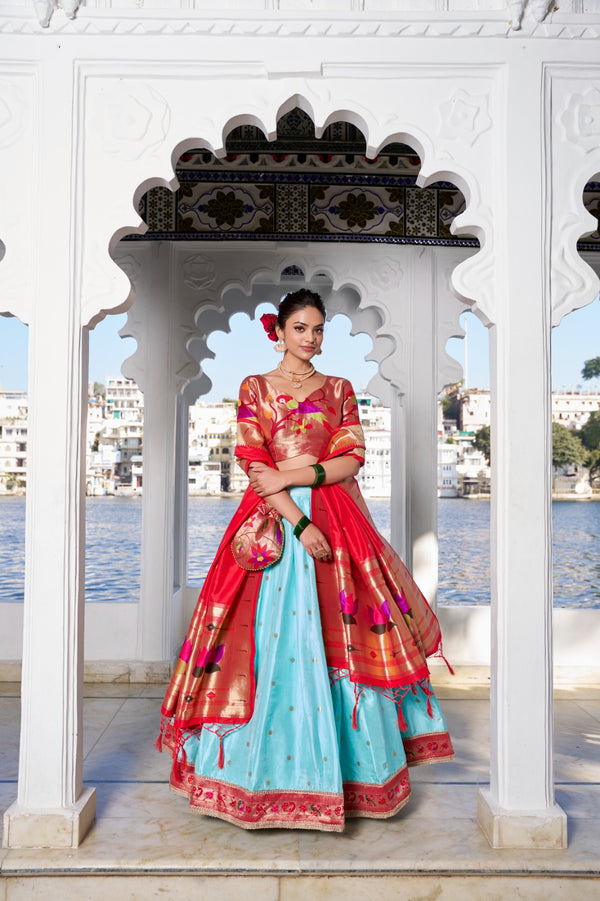 Sky Blue Keerthna Paithani Jacquard Silk Lehenga with Zari Weaving and Lace Touch