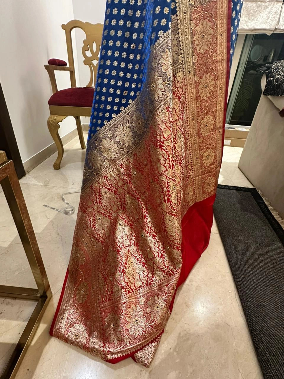 Royal Blue Pure Banarasi Silk Saree with Gold Zari Border and Red Zari-Detailed Sleeve Blouse