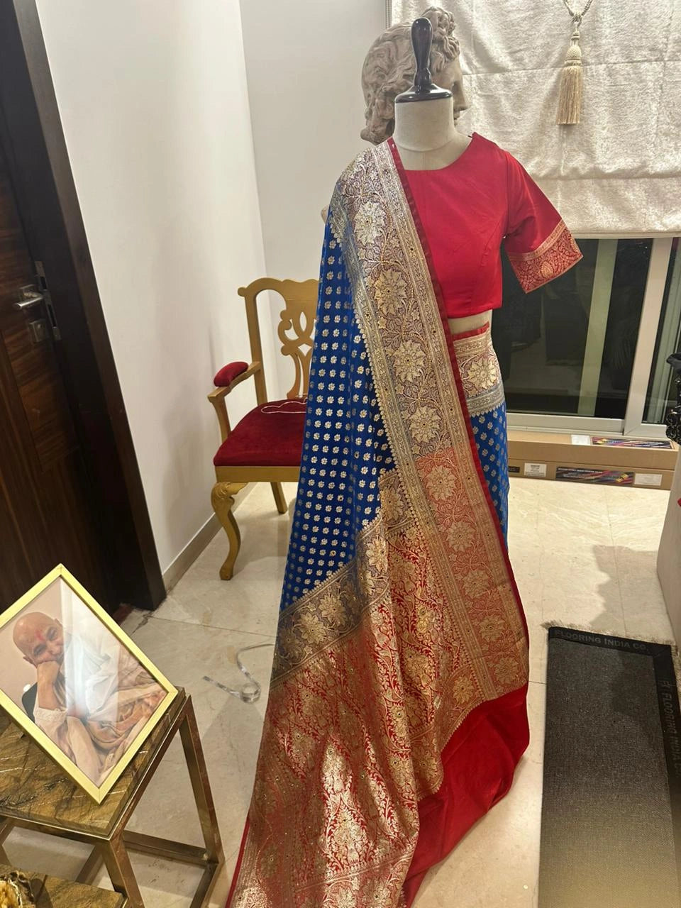 Royal Blue Pure Banarasi Silk Saree with Gold Zari Border and Red Zari-Detailed Sleeve Blouse