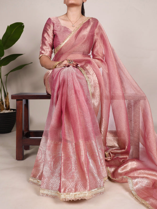 Pink Shimmer Tissue Saree with Zari and Sequin border work