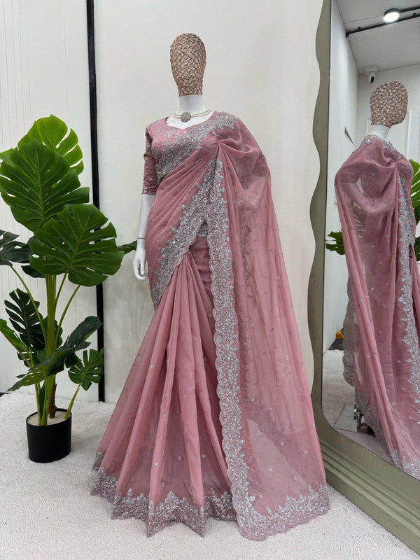 Pink Thread Georgette Saree with Sequin and Zari Work