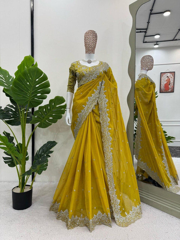 Yellow Thread Georgette Saree with Sequin and Zari Work