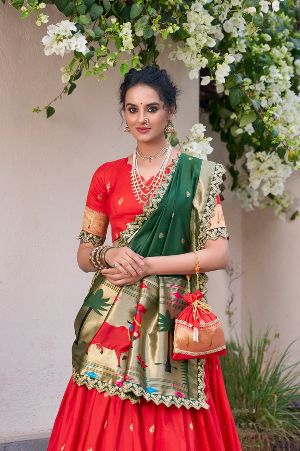 Red Paithani Silk Lehenga Choli with Rich Zari Work