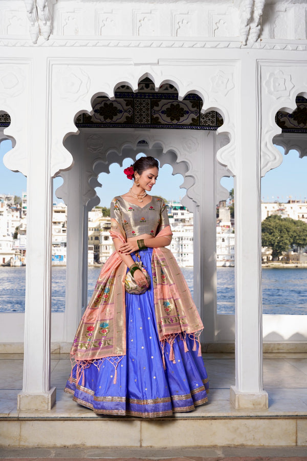 Blue Keerthna Paithani Jacquard Silk Lehenga with Zari Weaving and Lace Touch