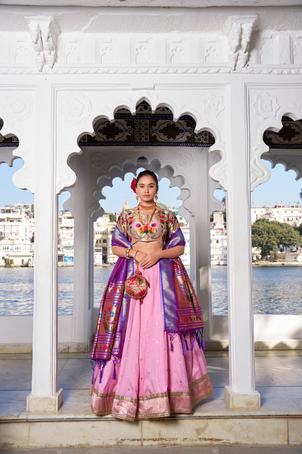 Pink Keerthna Paithani Jacquard Silk Lehenga with Zari Weaving and Lace Touch