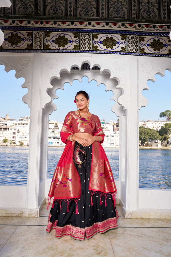 Black Keerthna Paithani Jacquard Silk Lehenga with Zari Weaving and Lace Touch