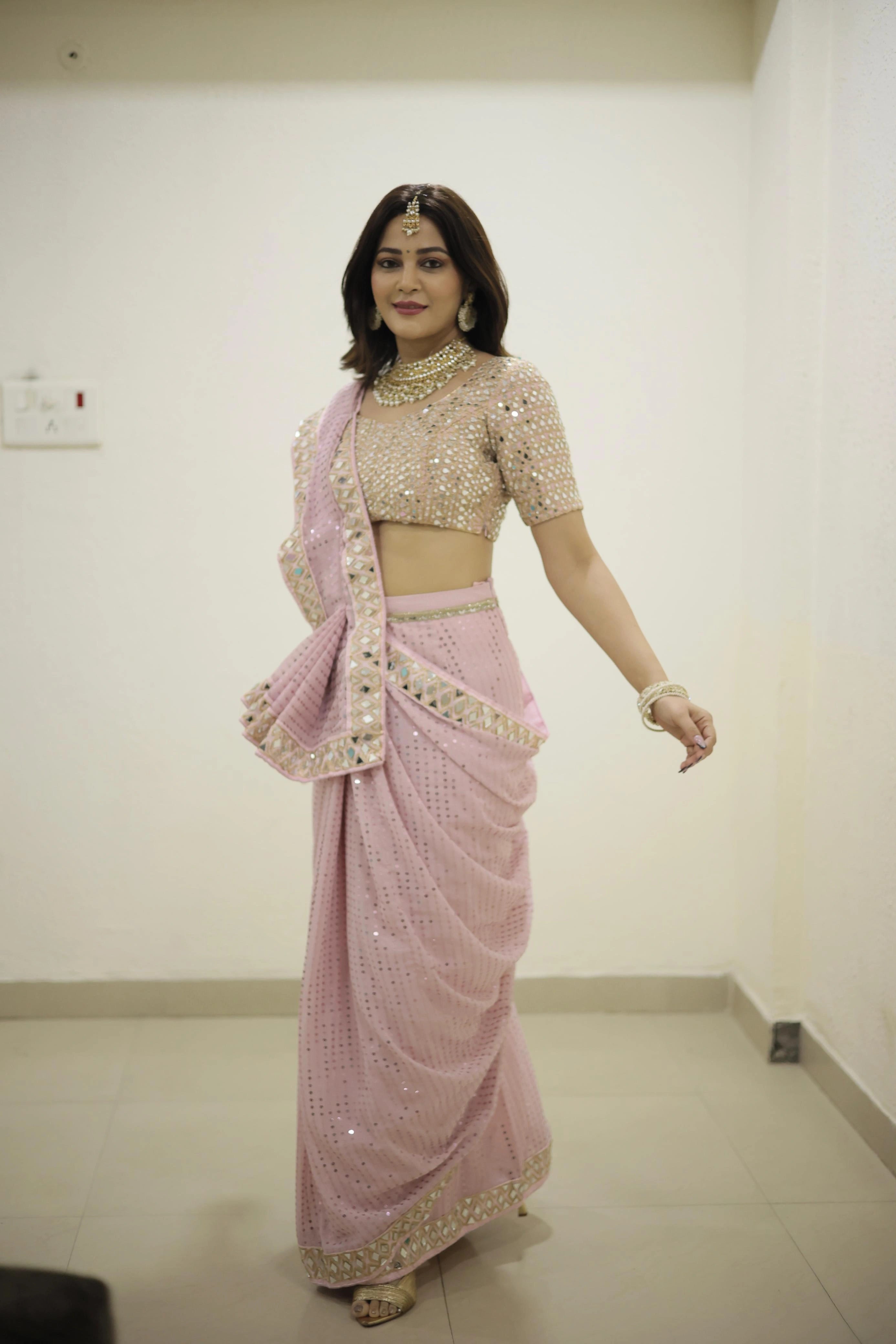 Pink Sequin Georgette Saree with Mirror Embroidery Work and Matching Mirror Sequin Blouse