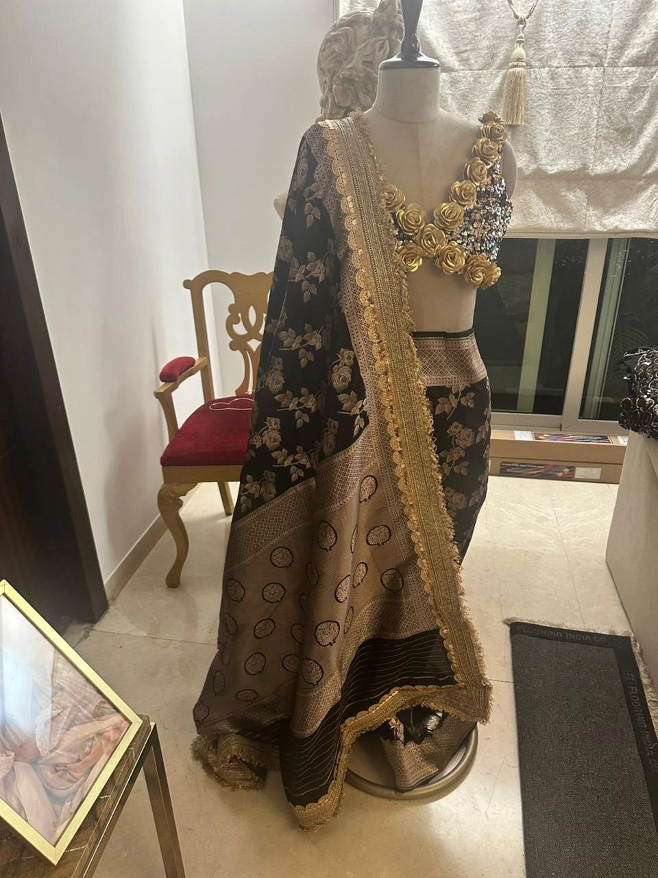 Black Silk Saree with All-over Golden Zari Floral Weaving with Matching Blouse