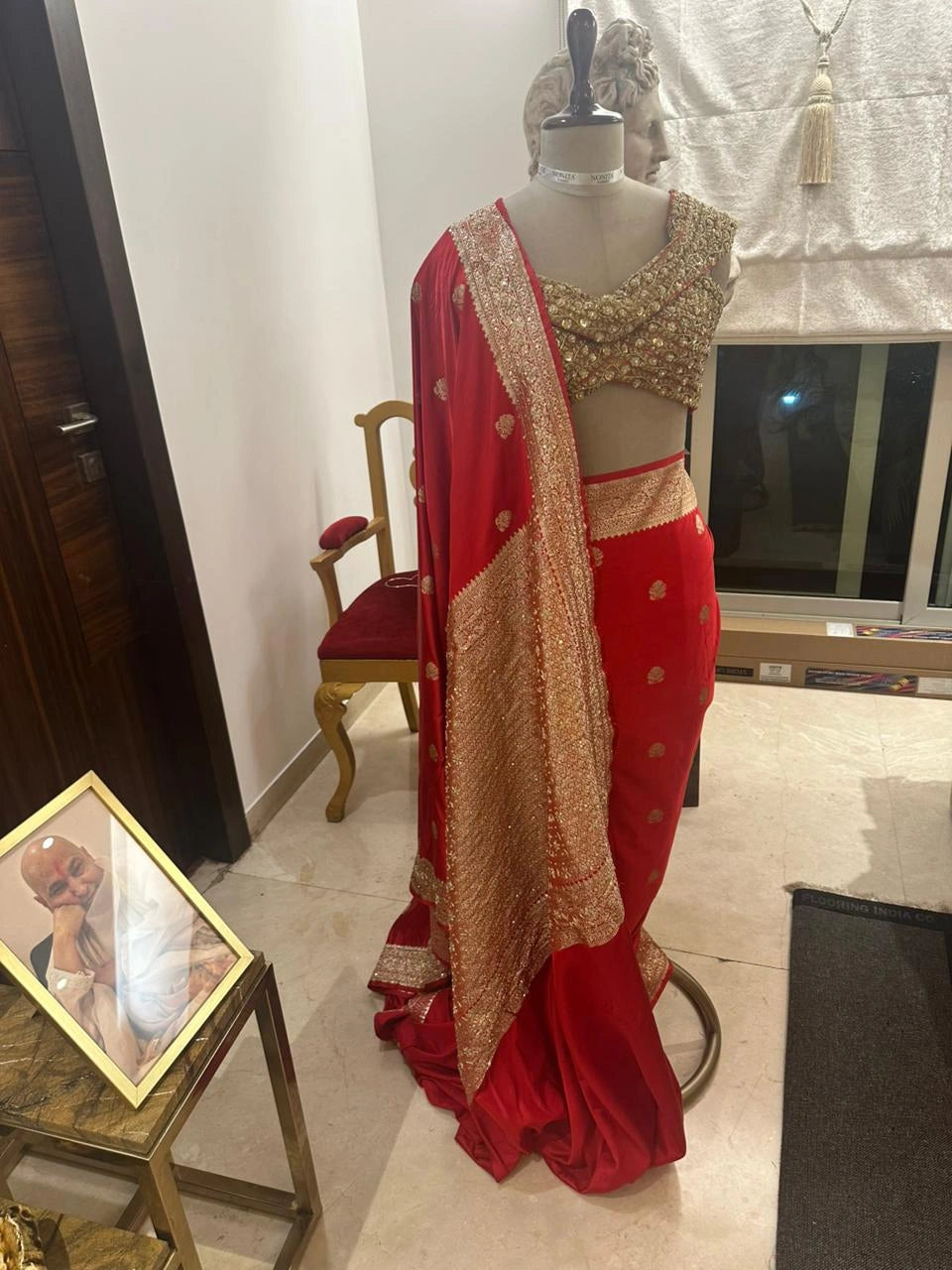 Red Pure Banarasi Silk Saree with All-Over Floral Design and Hand-Embroidered Mirror and Zardosi Blouse