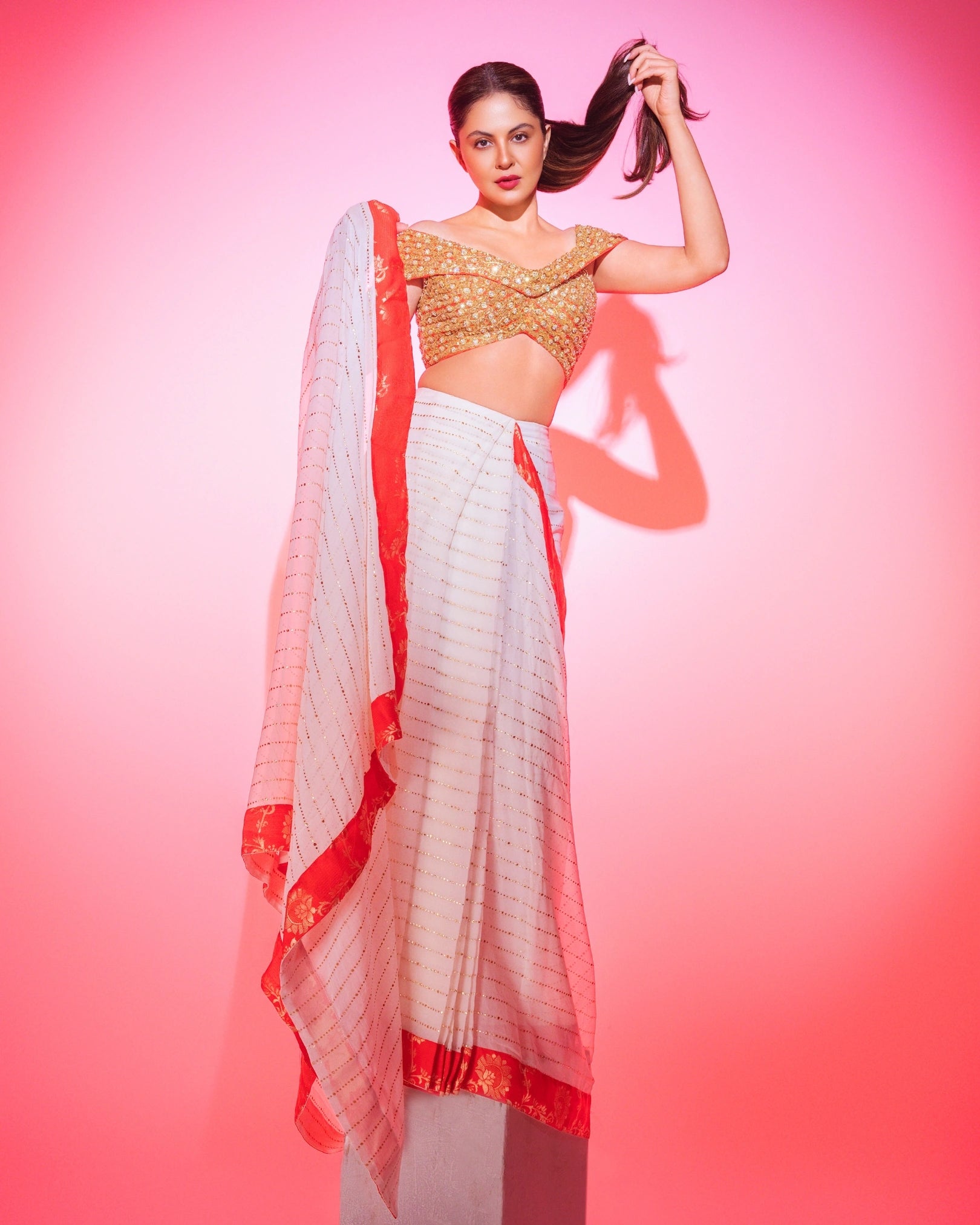 White Georgette Pre-Draped Saree with Red Banarasi Border and Fully Hand Embroidered Blouse