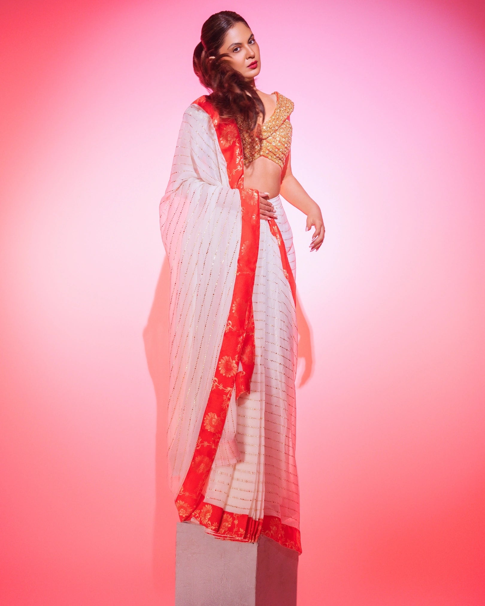 White Georgette Pre-Draped Saree with Red Banarasi Border and Fully Hand Embroidered Blouse