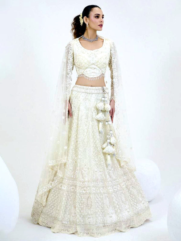 White Net Lehenga with Zari Thread embroidery Beads Sequins work and luxurious Design
