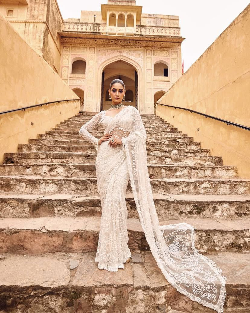 White Net Saree with Stone Work Heavy Sequin Embroidery 