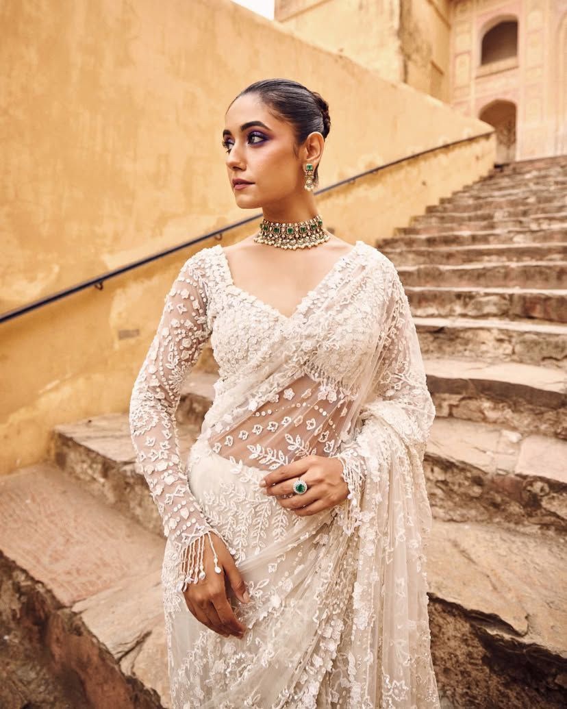 White Net Saree with Stone Work Heavy Sequin Embroidery 