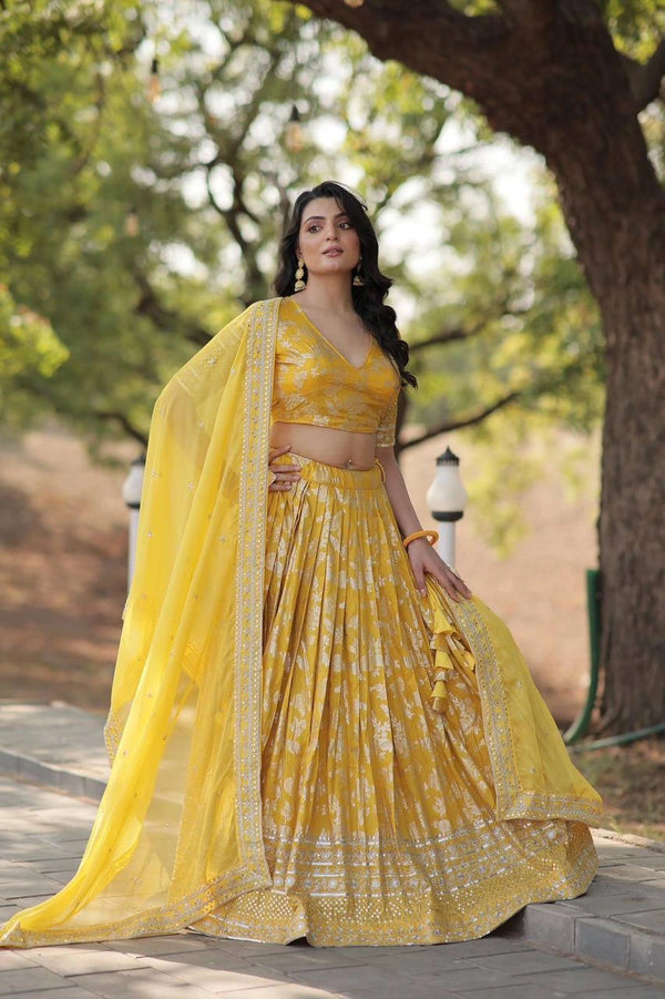 Yellow Georgette Lehenga with All-over floral Jacquard Embroidery with Mirror Work
