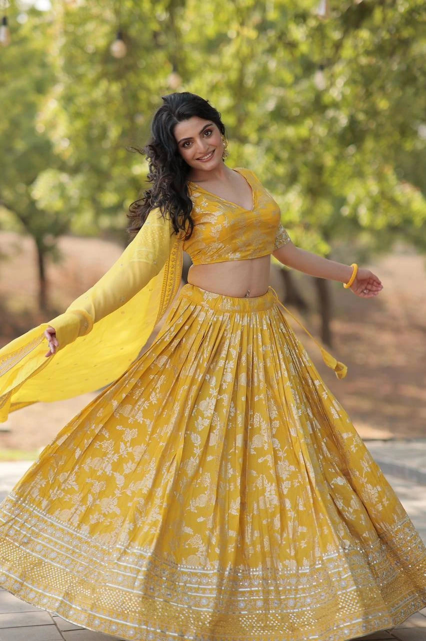 Yellow Georgette Lehenga with All-over floral Jacquard Embroidery with Mirror Work
