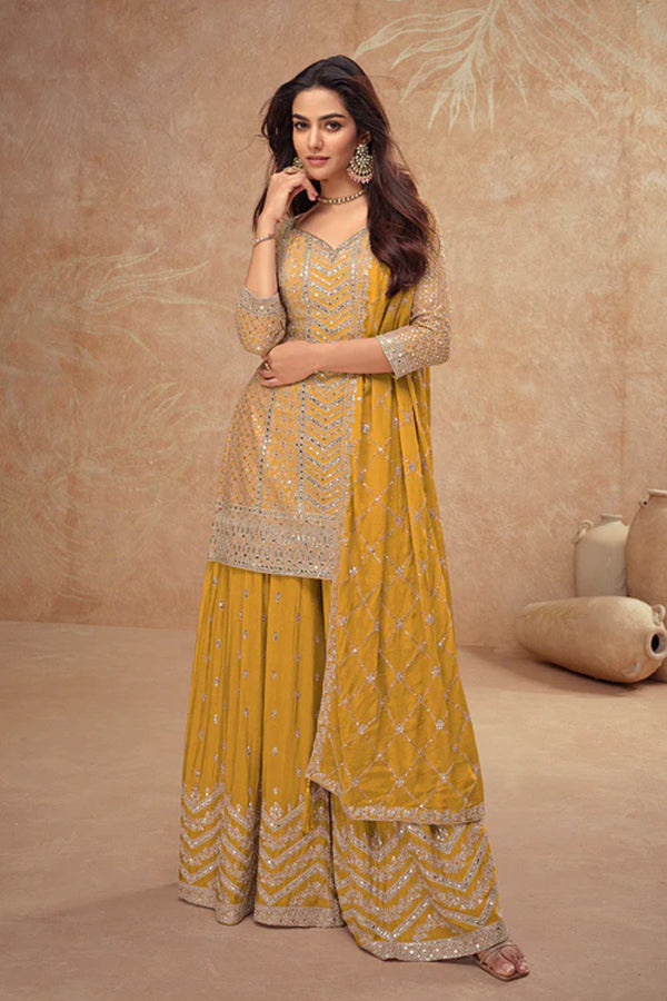 Yellow Georgette Salwar Kameez featuring Chevron Pattern with Sequin and Motif Design
