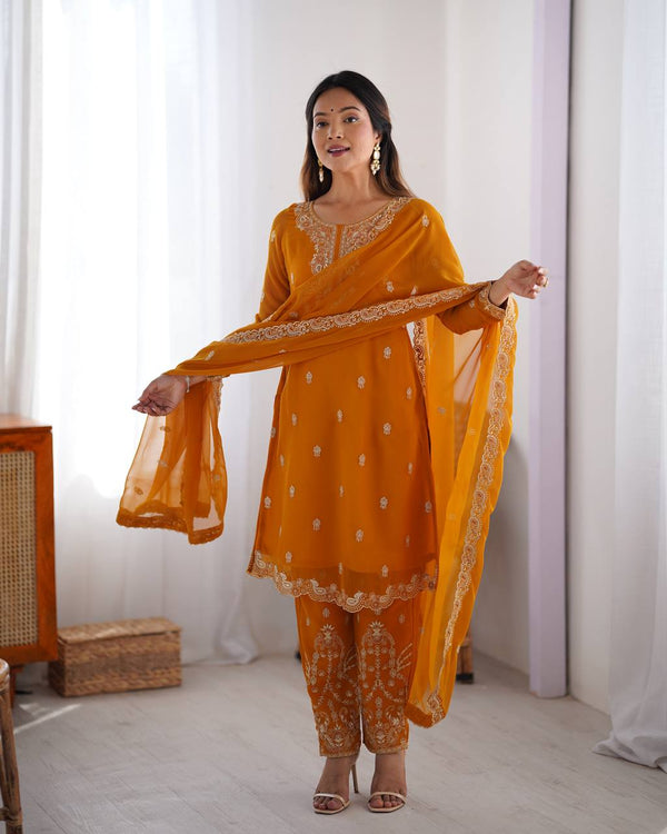 Yellow Georgette Salwar Kameez with Thread Work Sequin Embroidery
