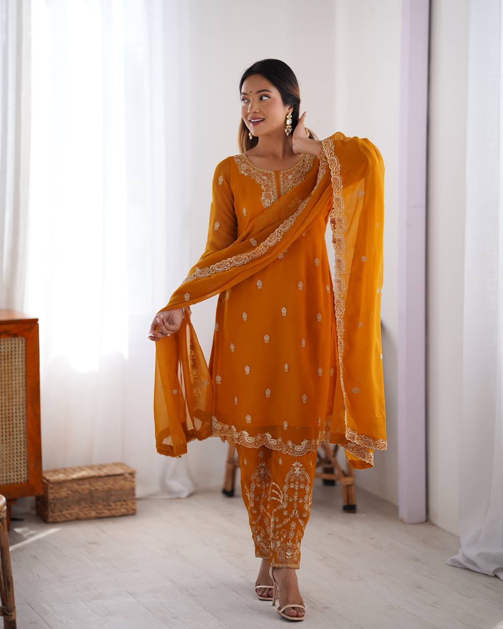 Yellow Georgette Salwar Kameez with Thread Work Sequin Embroidery
