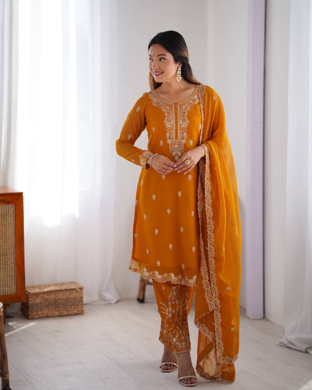 Yellow Georgette Salwar Kameez with Thread Work Sequin Embroidery
