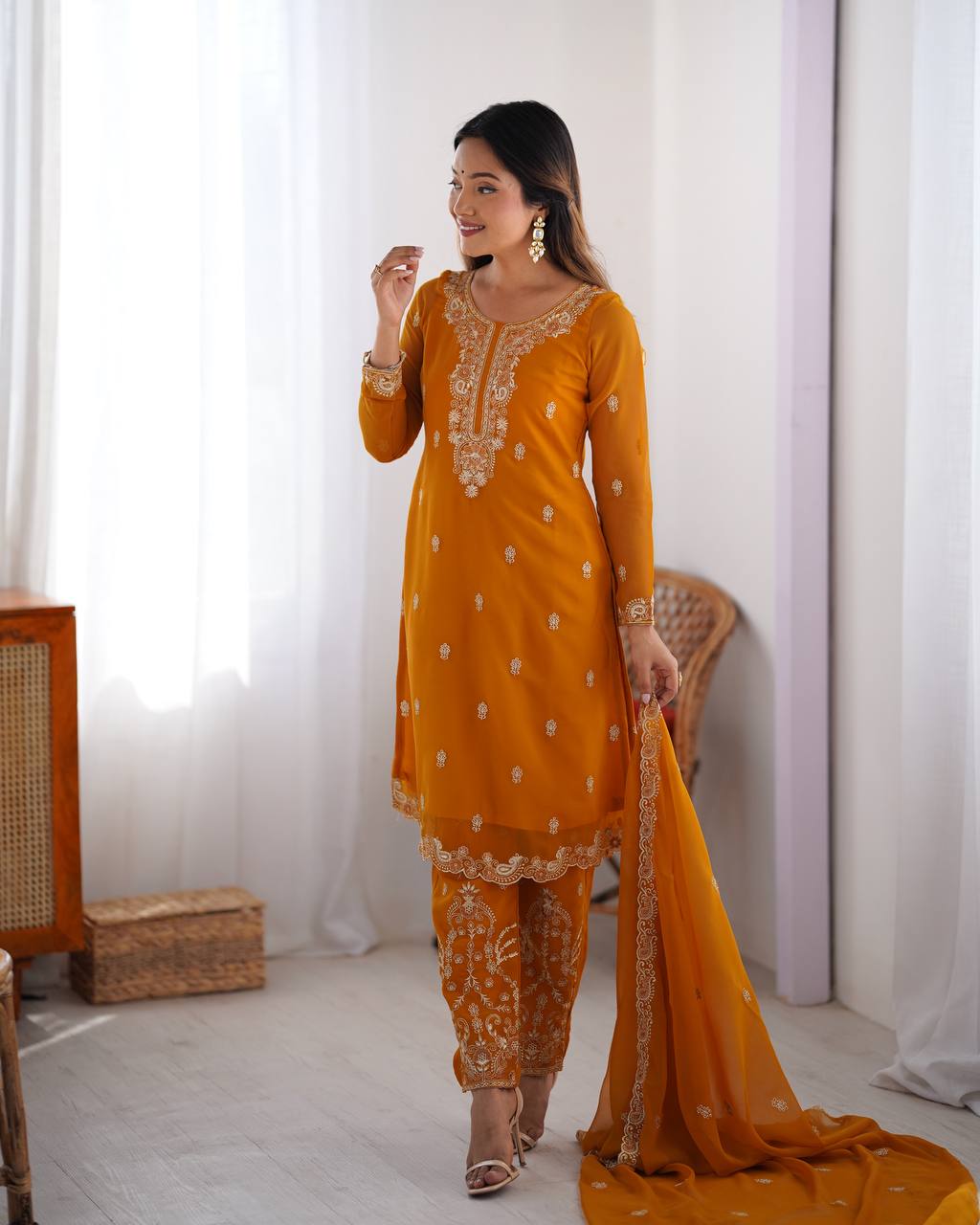 Yellow Georgette Salwar Kameez with Thread Work Sequin Embroidery
