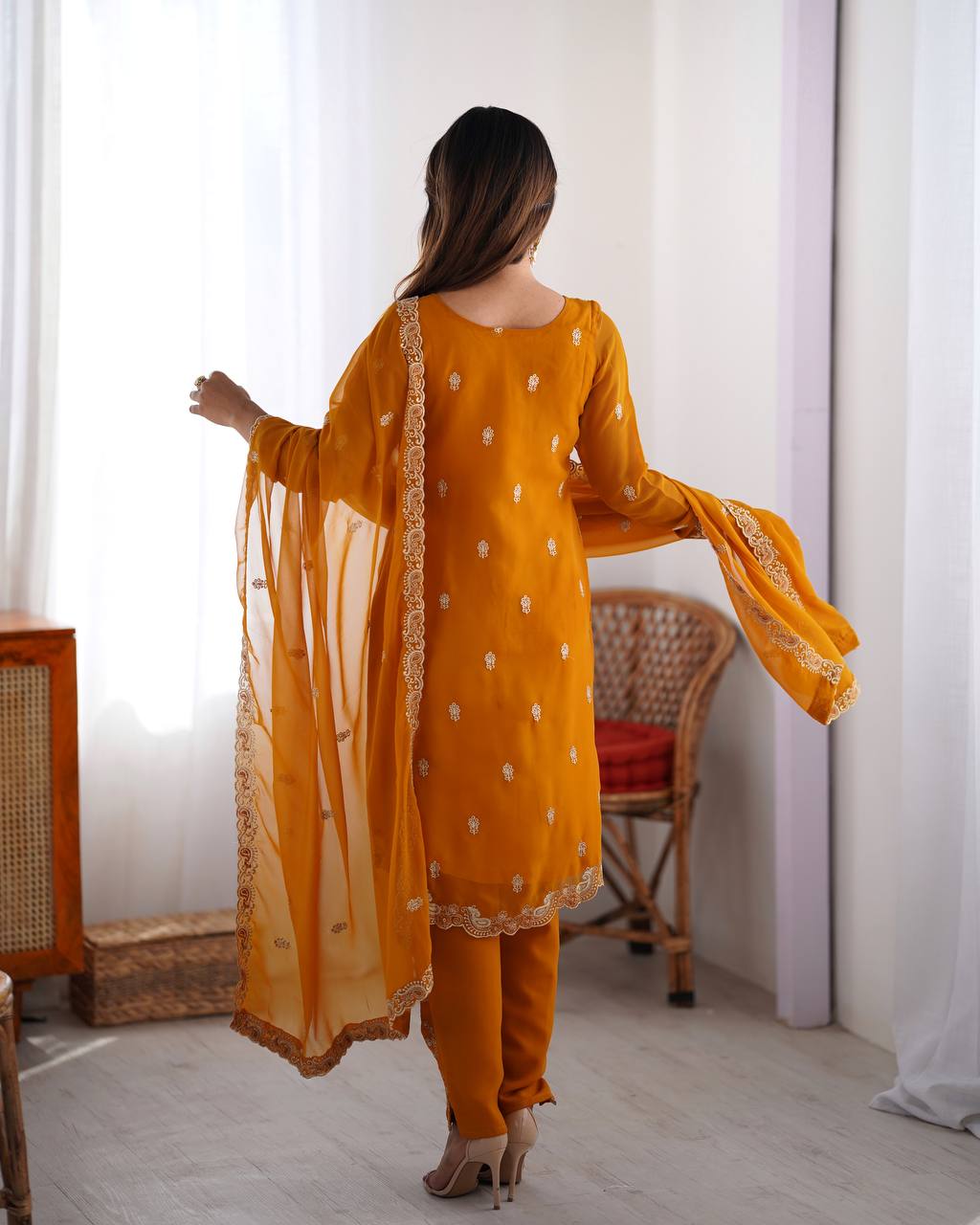 Yellow Georgette Salwar Kameez with Thread Work Sequin Embroidery
