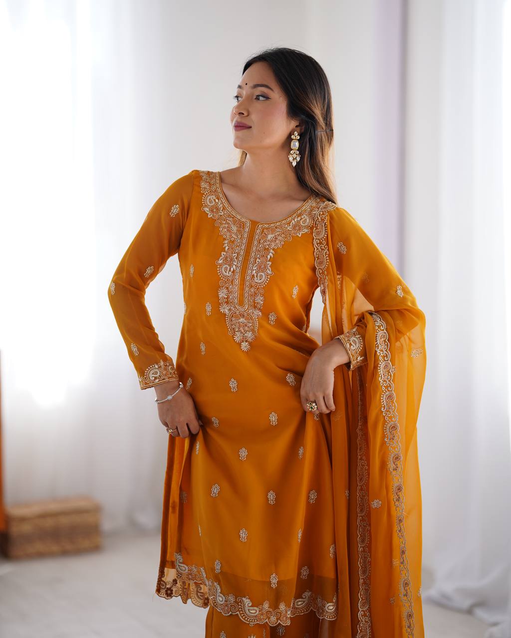 Yellow Georgette Salwar Kameez with Thread Work Sequin Embroidery
