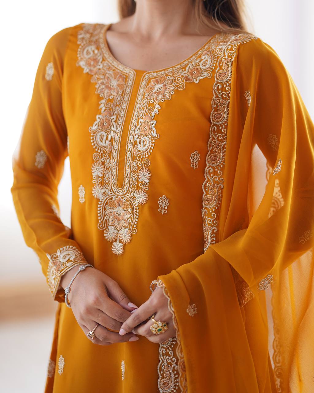 Yellow Georgette Salwar Kameez with Thread Work Sequin Embroidery
