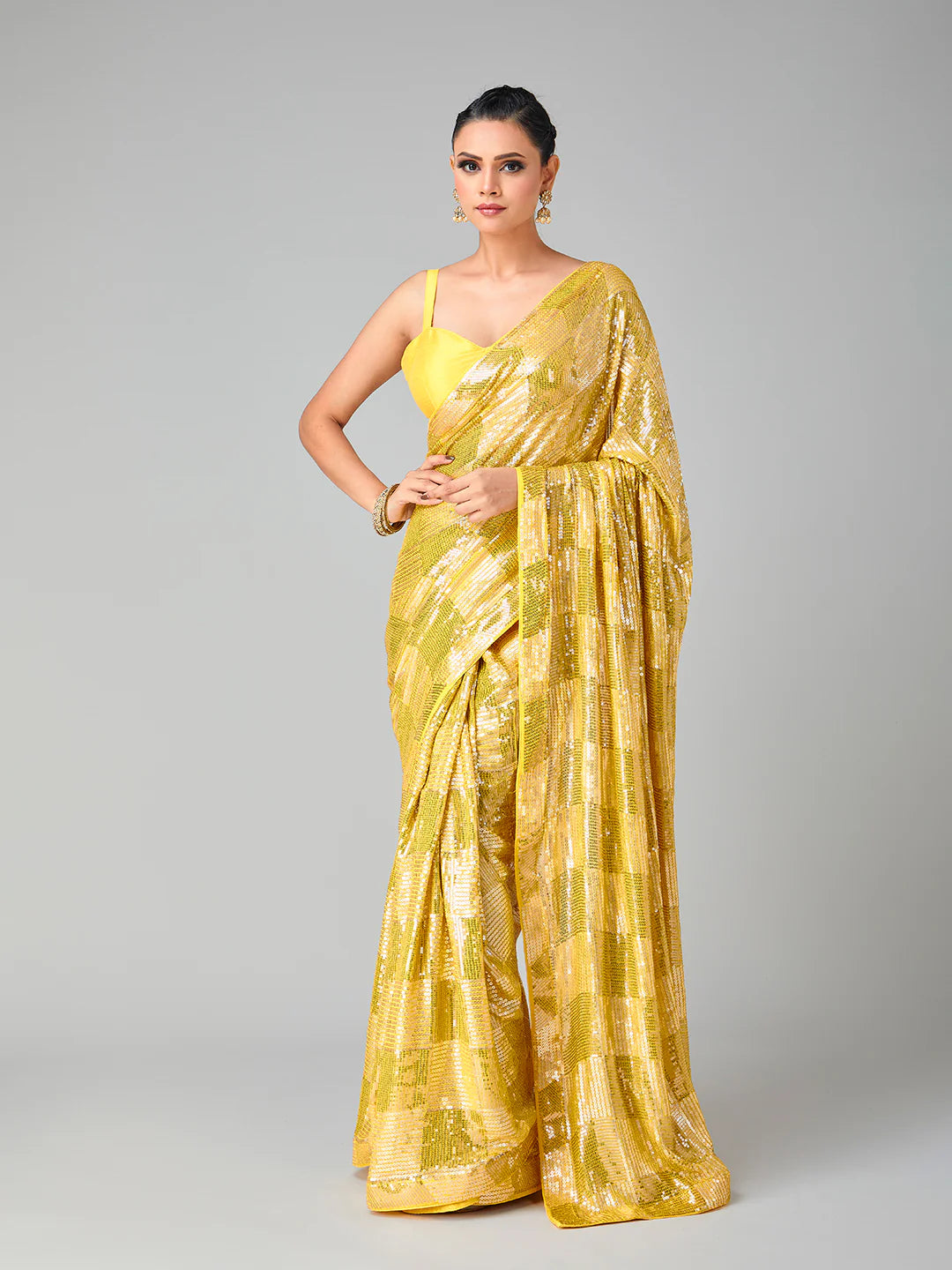 Yellow Georgette Saree with All Over Heavy Sequin Embroidery 