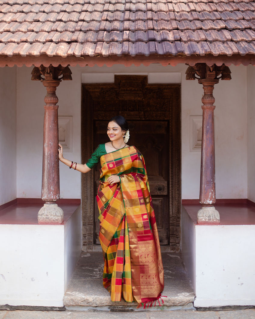 Yellow Kanchipuram Silk Saree with Pattern Design Gold Border
