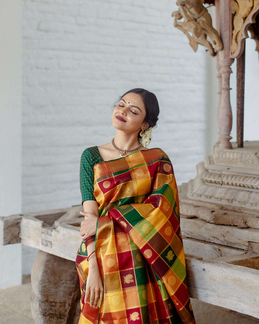 Yellow Kanchipuram Silk Saree with Pattern Design Gold Border
