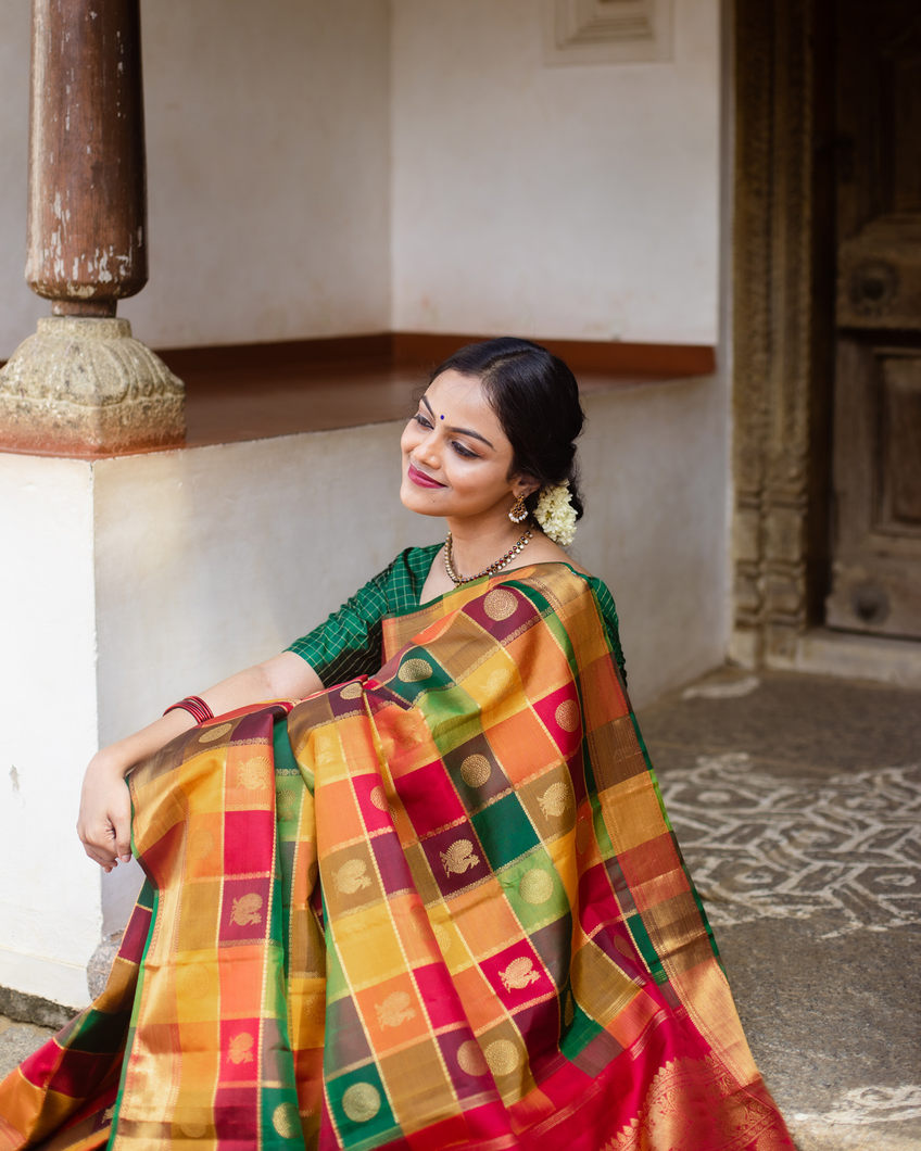 Yellow Kanchipuram Silk Saree with Pattern Design Gold Border
