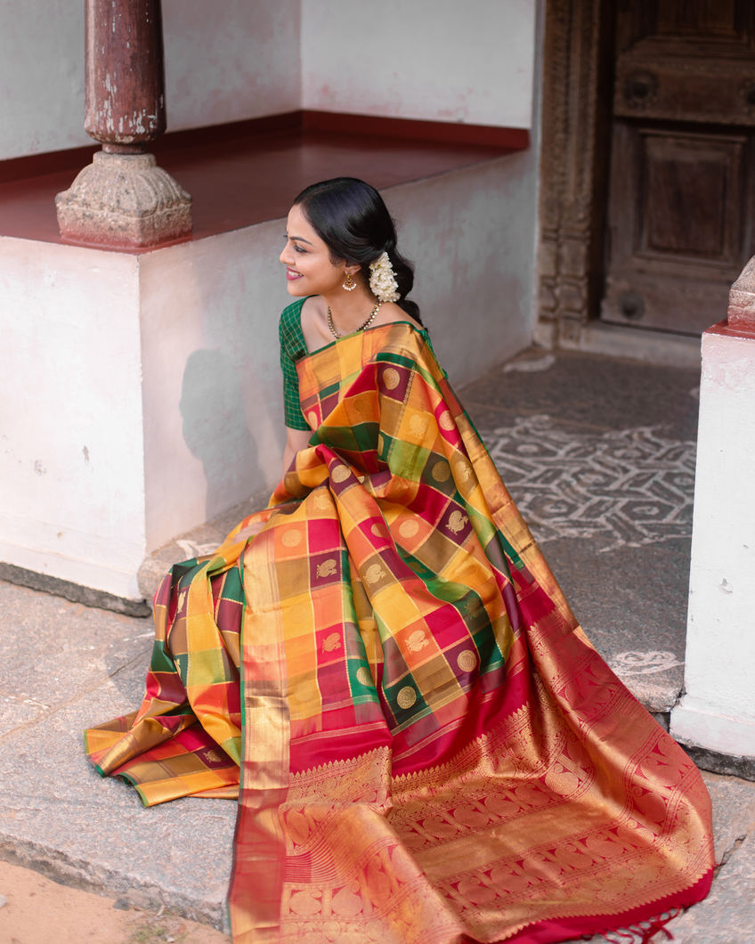 Yellow Kanchipuram Silk Saree with Pattern Design Gold Border
