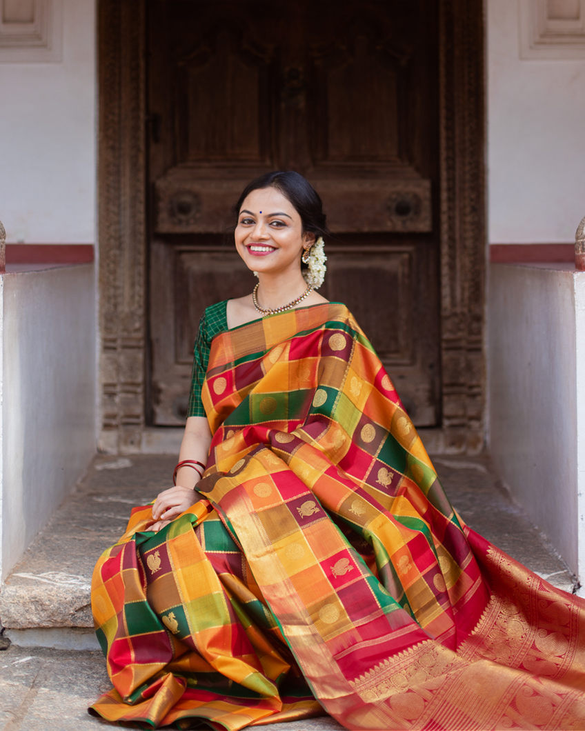 Yellow Kanchipuram Silk Saree with Pattern Design Gold Border

