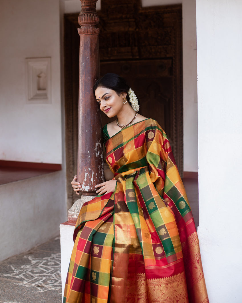 Yellow Kanchipuram Silk Saree with Pattern Design Gold Border
