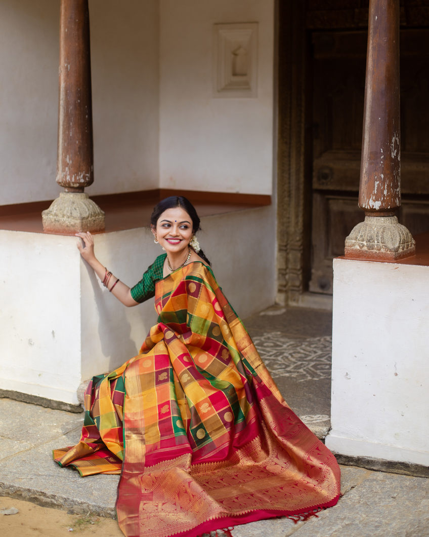 Yellow Kanchipuram Silk Saree with Pattern Design Gold Border
