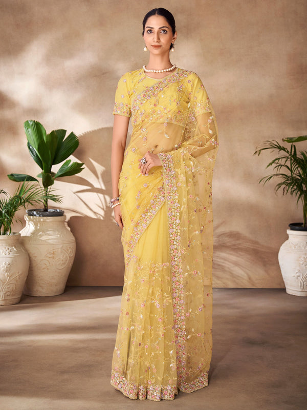 Yellow Net Saree with Stone Work and Thread Embroidery

