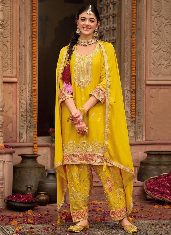 Yellow Salwar Kameez Traditional Embroidered with Intricate Thread and Sequin Work
