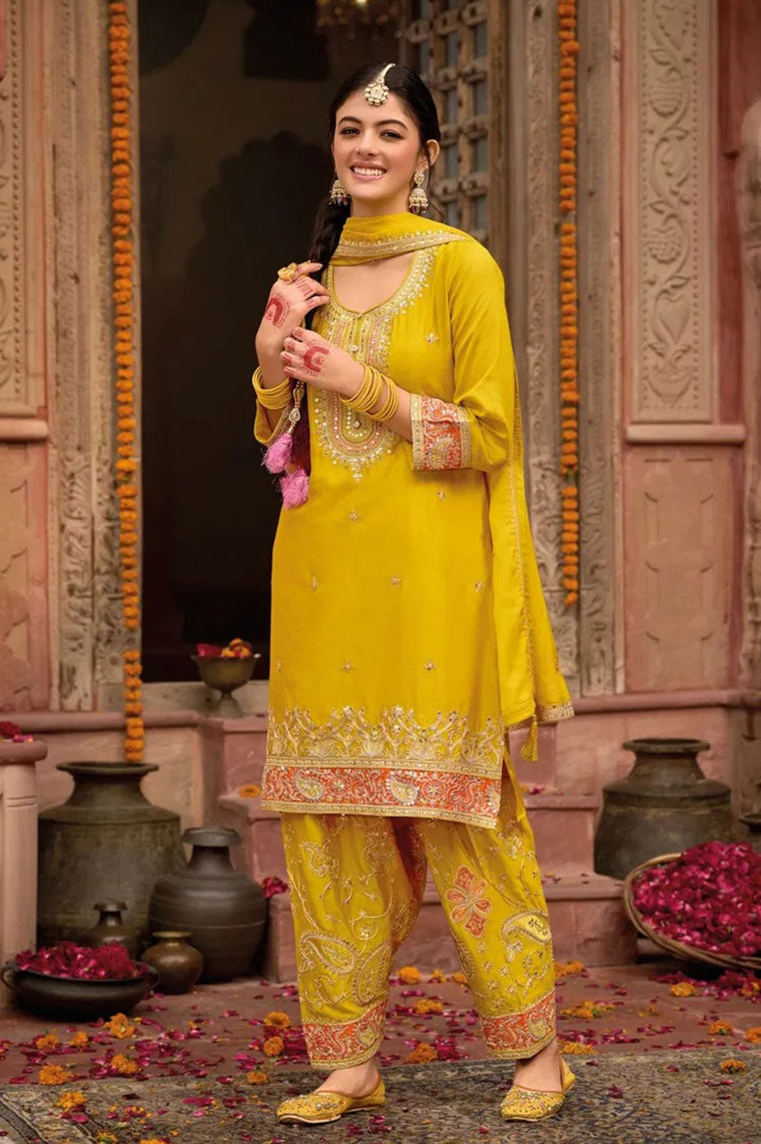 Yellow Salwar Kameez Traditional Embroidered with Intricate Thread and Sequin Work
