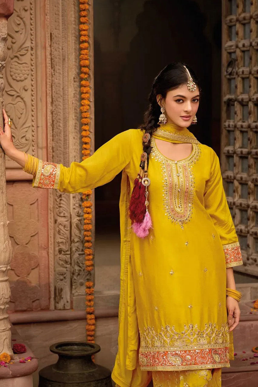 Yellow Salwar Kameez Traditional Embroidered with Intricate Thread and Sequin Work
